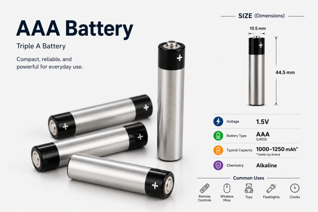 AAA battery voltage: Infographic showing four unbranded AAA batteries with 1.5V voltage, 44.5 mm × 10.5 mm dimensions, alkaline chemistry, typical capacity of 1000–1250 mAh, and common household applications.