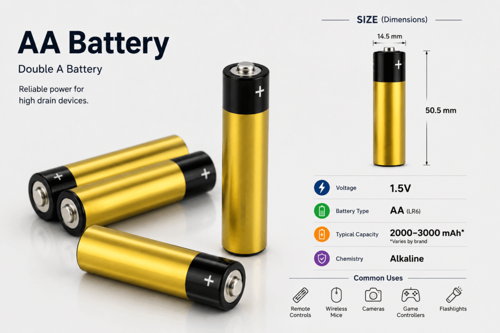 AA battery size: Infographic featuring four unbranded gold and black AA batteries with 1.5V voltage, 50.5 mm × 14.5 mm dimensions, alkaline chemistry, 2000–3000 mAh typical capacity, and common uses including cameras, flashlights, game controllers, wireless mice, and remote controls.