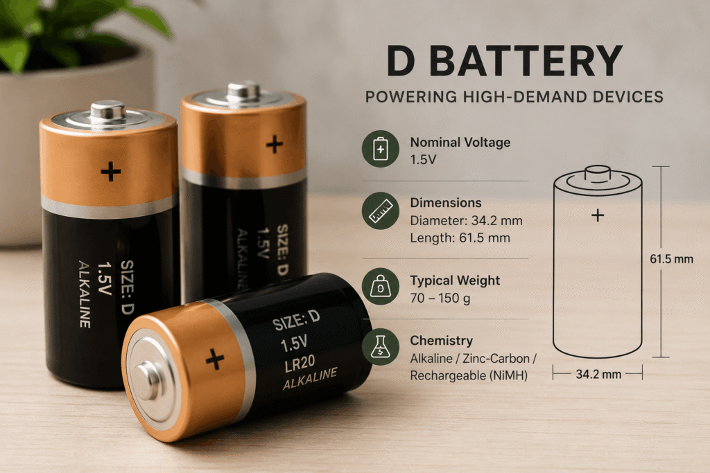 D battery with 1.5V voltage, 34.2 mm diameter and 61.5 mm length, showing standard D battery dimensions and specifications