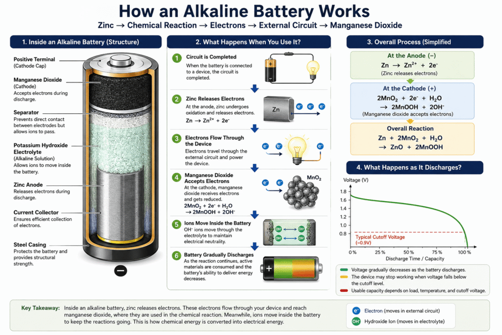 How an alkaline battery works, showing zinc anode, manganese dioxide cathode, electrolyte, electron flow, and the battery discharge process